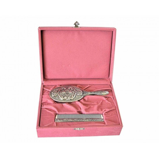 925 Sterling Silver Girl's Comb & Brush Set with Pink Felt Gift Box