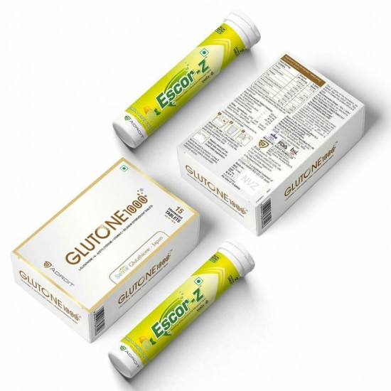 Glutone 1000 Glutathione Effervescent 15 Tablets and Escor-Z pack of 2 each