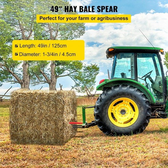 Hay Spear 49 Bale Spear 3000 lbs Capacity, Bale Spike Quick Attach Square Hay Bale Spears 1 3/4 Wide, Red Coated Bale Forks, Bale Hay Spike with 2 Stabilizer Spears Conus 2