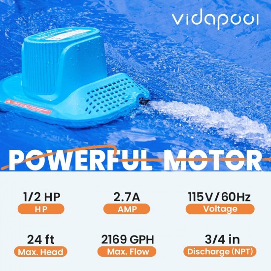 1/2 HP Automatic Pool Cover Pump Above Ground, 2150 GPH Submersible Water Pump with 25ft Power Cord for Swimming Pool, Hot Tub, Basement, and More