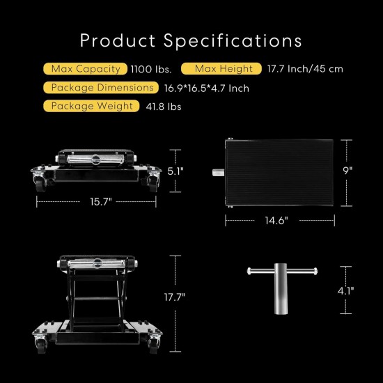 1100 Lbs Steel Wide Deck Motorcycle Lift ATV Scissor Lift Jack with Dolly and Hand Crank Bikes Garage Repair Hoist Stand Black