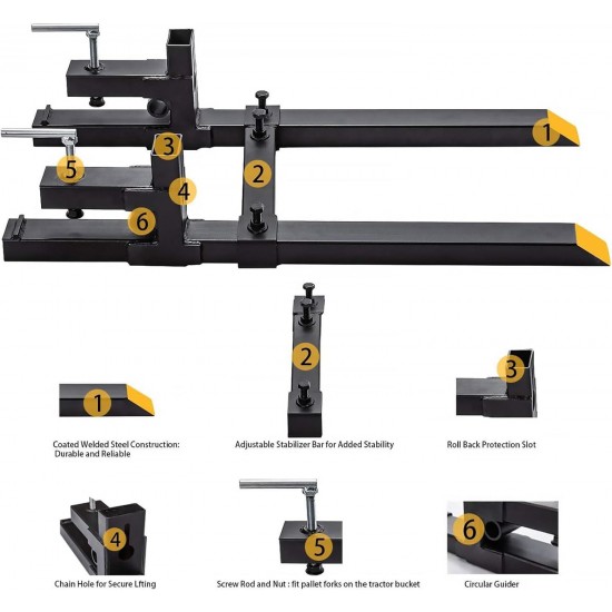 60 Clamp-On Pallet Forks with Adjustable Stabilizer Bar, 4000 Lbs Capacity for Heavy-Duty Tractor Bucket, Skid Steer, and Loader (4000 Lbs, 60)