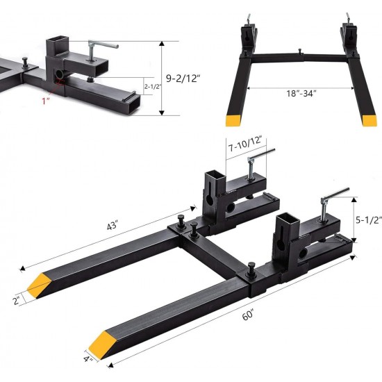 60 Clamp-On Pallet Forks with Adjustable Stabilizer Bar, 4000 Lbs Capacity for Heavy-Duty Tractor Bucket, Skid Steer, and Loader (4000 Lbs, 60)