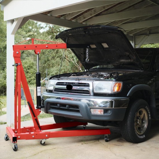 Dual-Piston Jack Automotive Engine Hoist w/Handles & Hook Chain: Heavy Duty Construction Engine Lift, Folding Shop Crane Cherry Picker, Hydraulic Cherry Picker Engine Hoist Lift