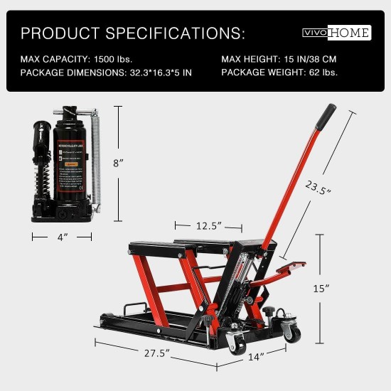 Hydraulic Motorcycle Lift Jack 1500 LBS Capacity Steel ATV Lifts Stand Hoist with Wheels and Handle for Motorcycles, ATVs, Dirt Bikes Red