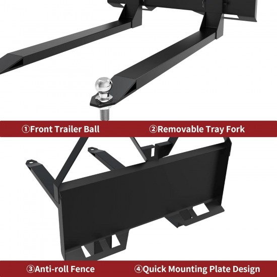 46 Pallet Fork Quick Attach Mount Skid Steer Attachments with Hitch Ball 2600 lbs Capacity compatible with Loaders Tractors
