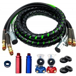 12Ft 3-in-1 Wrap Heavy Duty 7 Way Truck Tractor Trailer Rig Electric Cable Wrap Cord ABS & Air Line Hose Assembly with Aluminum Emergency Glad Hands and Anodized Glad Handle