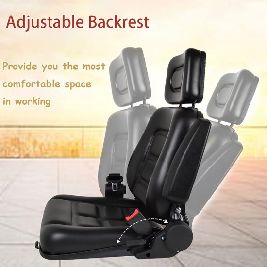 Universal Forklift Seat with Retractable Safety Belt, Tractor Seat Adjustable Back Headrest Armrests, Garden Lawn Mower Seats Fit for Skid Loader Excavator, Backhoe Dozer et Safety Belt+Armrest