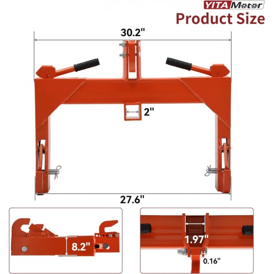 3 Point Quick Hitch, 3000 lbs 3-Pt Attachments with 2 Receiver Hitch Adaptation to Category 1 & 2 Tractor with 5 Level Adjustable Bolt