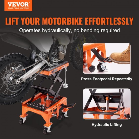 Hydraulic Motorcycle Lift Table, 350 LBS Capacity Motorcycle Scissor Jack Lift with Wide Deck, J-Hooks, 4 Wheels, Hydraulic Foot-Operated Jack Stand for ATV Dirt Bikes