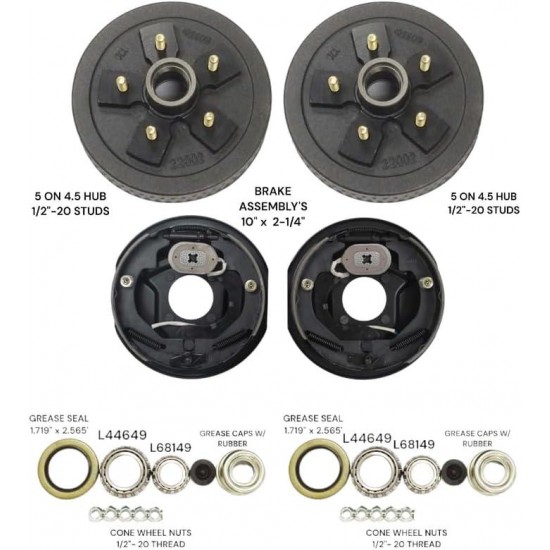 5 on 4.5 Trailer Hub Drum Kits with 10X2-1/4 Electric brakes for 3500 lbs axle (2 Hub + 2 Brake (L&R))