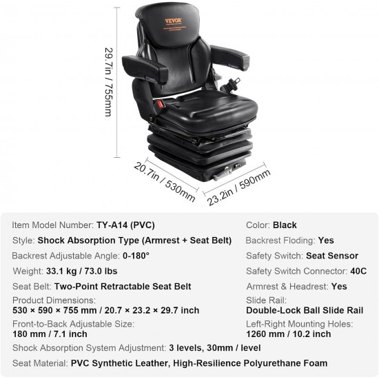 Universal Tractor seat Suspension, Fold Down Forklift Seat with Adjustable Angle Back, Micro Switch, Seatbelt and Armrests, 3-level Shock Absorption Tractor Seat for Tractor Loader Excavator