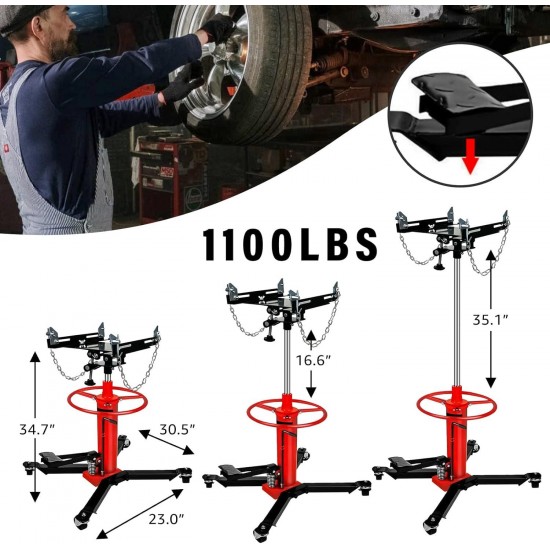 Hydraulic Transmission Jack, 34 - 70 Adjustable Height Telescoping Transmission Hydraulic Garage/Shop 1100 lbs/ 0.5 Ton 2 Stage Hydraulic 360° Swivel Wheel Lift Hoist for Car Lift