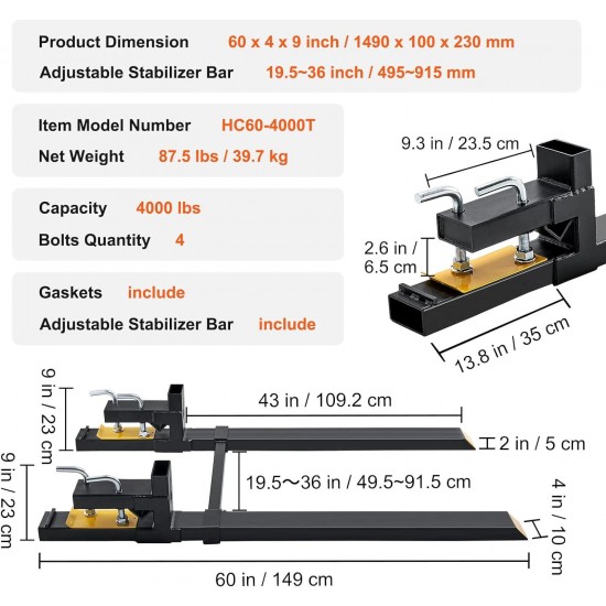 60 4000 lbs Heavy Duty Pallet Forks with Adjustable Stabilizer Bar for Loader Bucket Skid Steer Tractor, Black