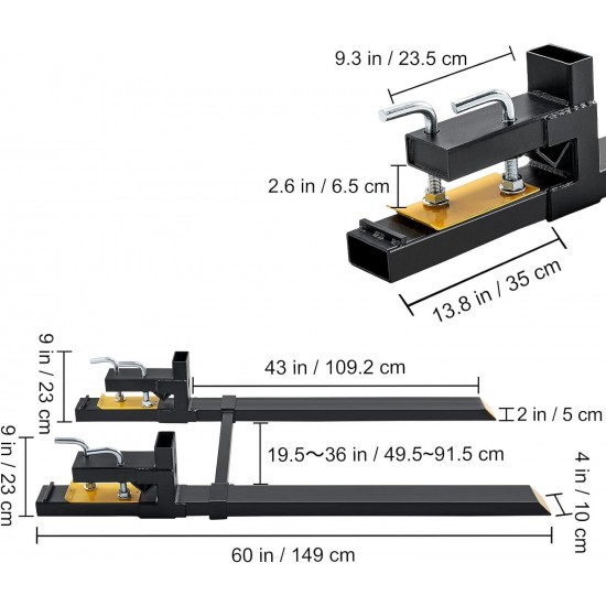 60 4000 lbs Heavy Duty Pallet Forks with Adjustable Stabilizer Bar for Loader Bucket Skid Steer Tractor, Black