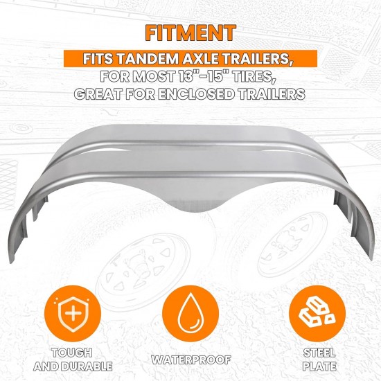 2Pcs Tandem Trailer Fender Double Axle Compatible with 13-15 Inch Wheels Teardrop Pair Enclosed Trailers 9 x 66 x 19.5 - Cold Rolled Steel