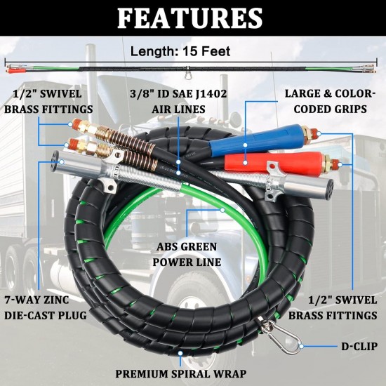 15ft 3 in 1 ABS & Power Air Line Hose with Glad Hands & 4 Glad Hand Seals for Tractor Trailer Semi Truck