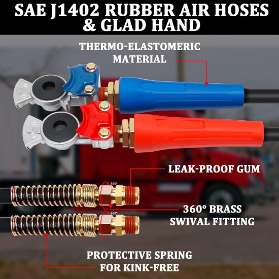 15ft 3 in 1 ABS & Power Air Line Hose with Glad Hands & 4 Glad Hand Seals for Tractor Trailer Semi Truck