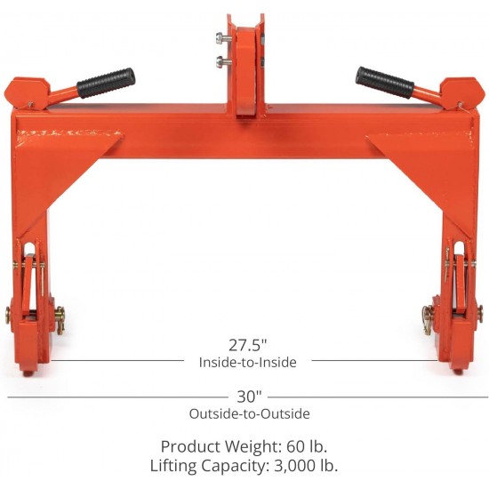 3 Point Quick Hitch Adaption to Category 1 Tractors, 3000 LB Lifting Capacity, 27.5 Between Lower Arms, 14.5 ~17.5 Level Adjustment, Orange Finish