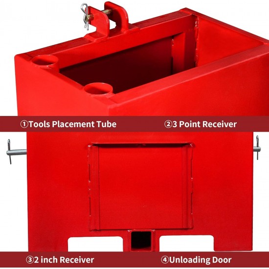 3 Point Hitch Ballast Box, 800 lbs Tractor Ballast Box with 2'' Quick Hitch Receiver for 3 Point Category 1 Tractors, Loaders and Skid Steers, Red