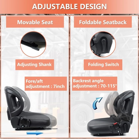 Universal Fold Down Forklift Seat with Adjustable Angle Back,Micro Switch And Safety Belt,for Toyota Forklift,Tractor,Excavator Skid Loader Backhoe Dozer Telehandler