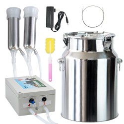10L Cow Milking Machine Pulsation Vacuum Pump Electric Milker Automatic Portable Livestock Milking Machine with Stainless Steel Milk Bucket Tube Brush