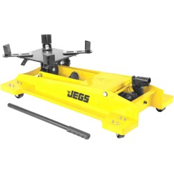 Low Profile Transmission Floor Jack - 1,000 LBS Lift Capacity - Lift Range 8.5” to 23” - 360 Degrees Pump Handle Rotation & Adjustable Load Support Arms - Yellow Steel Frame with JEGS Logo