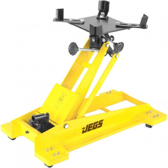 Low Profile Transmission Floor Jack - 1,000 LBS Lift Capacity - Lift Range 8.5” to 23” - 360 Degrees Pump Handle Rotation & Adjustable Load Support Arms - Yellow Steel Frame with JEGS Logo