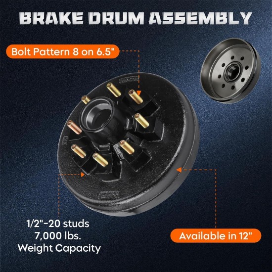 8 on 6.5 Trailer Hub Drum Kit 12 x 2 inch, 8 Hole, 6.5 Bolt Circle, Trailer Electric Brake Drum Assembly for 7,000 lbs. Axle