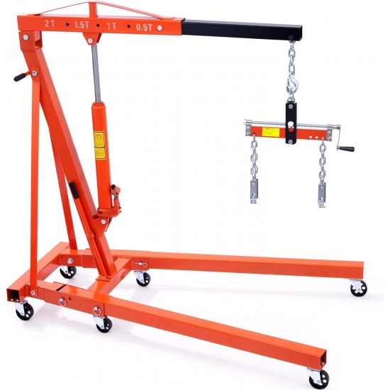 Engine Hoist with Lever, 2 Ton Folding Cherry Picker Shop Crane Hoist Lift, Heavy Duty Hydraulic Engine Crane with 6 Casters, Engine Hoist Lever for Engine Lifting Loading (4400 LBS)