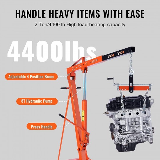 Engine Hoist with Lever, 2 Ton Folding Cherry Picker Shop Crane Hoist Lift, Heavy Duty Hydraulic Engine Crane with 6 Casters, Engine Hoist Lever for Engine Lifting Loading (4400 LBS)