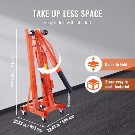 Engine Hoist with Lever, 2 Ton Folding Cherry Picker Shop Crane Hoist Lift, Heavy Duty Hydraulic Engine Crane with 6 Casters, Engine Hoist Lever for Engine Lifting Loading (4400 LBS)