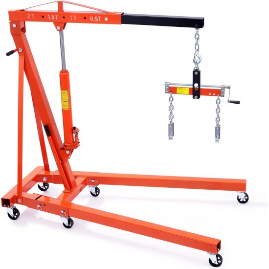 Engine Hoist with Lever, 2 Ton Folding Cherry Picker Shop Crane Hoist Lift, Heavy Duty Hydraulic Engine Crane with 6 Casters, Engine Hoist Lever for Engine Lifting Loading (4400 LBS)