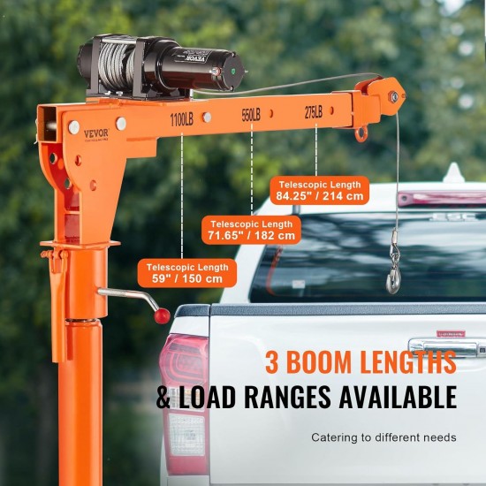 Electric Pickup Truck Crane, 1100 lbs Capacity, 360° Swivel, Truck Jib Crane Hoist with Three Boom Capacities of 275 lbs, 550 lbs & 1100 lbs, for Lifting Goods in Construction, Forestry, Factory