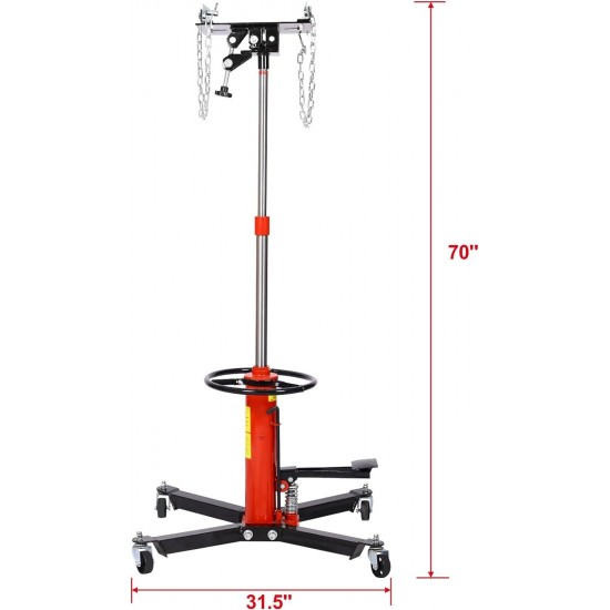 Transmission Jack, 1660lbs 3/4-Ton 2 Stage Hydraulic High Lift Vertical Telescoping, 32 to 70 Lifting Ran-ge, with 360° Swivel Wheels, 30 Long Safety Chain, Red
