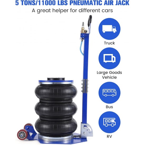 5 Ton/11000 lbs Triple Bag Air Jack, Quick Air Bag Jack Lift Up to 15.75 Inch, 3-5S Fast Lifting, Air Bag Jack for Cars with Adjustable Long Handle, Brass Valve