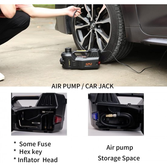 Electric Car Jack kit 5 Ton 12V Car Jack Hydraulic Jack with Impact Wrench and Tire Inflator Pump, Car Lift Floor Jack for SUV Sedans Tire Change with LED Light (Black)