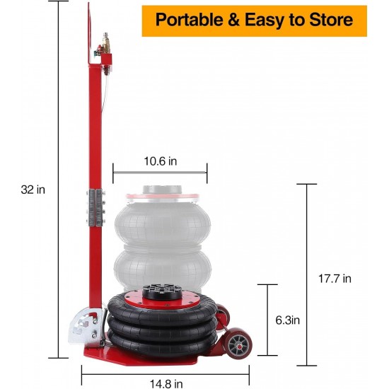 Air Jack 3 Ton/6600 lbs Pneumatic Jack, Airbag Jack Adjustable Handle Lifting Height 17.7, 3-5 s Fast Lifting Pneumatic Jack, Quick Lift Heavy Duty for Garage Car Lifting Repair, Red