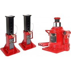 ATZ120005R Torin Heavy Duty Pin Type Professional Car Jack Stand, 12 Ton (26,400 lb) Capacity, Red, 1 Pair & T92007A Torin Hydraulic Stubby Low Profile Welded Bottle Jack, 20 Ton, Red