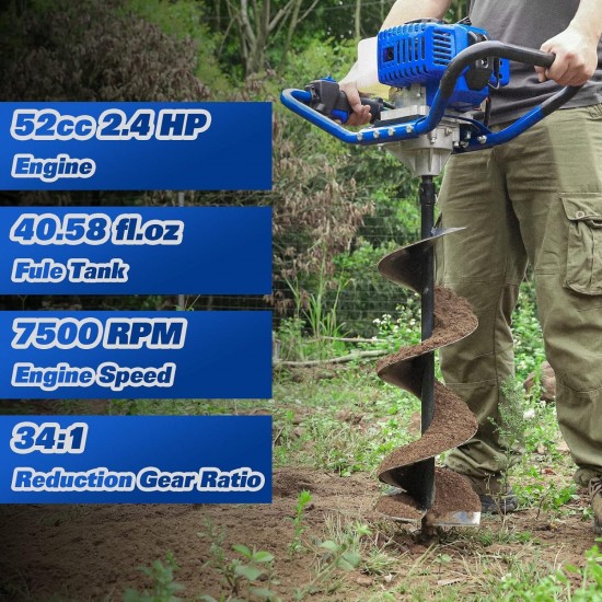Post Hole Digger Gas Powered, 52cc 2.4 HP 2 Stroke Engine Earth Auger with 8 Drill Bit, EPA Compliant Post Hole Auger