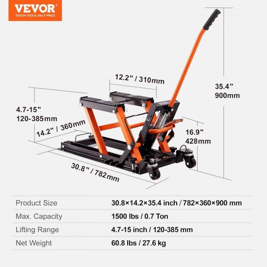 Hydraulic Motorcycle Lift Jack, 1500 LBS Capacity ATV Scissor Lift Jack, Portable Motorcycle Lift Table with 4 Wheels, Hydraulic Foot-Operated Hoist Stand for Motorcycle ATV UTV Powersports