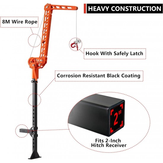Truck Hitch Mounted Crane- 600lbs Load Capacity, 2 Inch Receiver Hitch Hoist,360° Swivel Winch Lift Gambrel Set - Carbon Steel