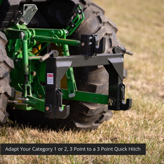 3 Point Quick Hitch Adaption to Category 1 Tractors, 3000 LB Lifting Capacity, 27.5 Between Lower Arms, 14.5 ~17.5 Level Adjustment, Black Finish