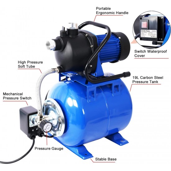 1.6HP Shallow Well Pump with Pressure Tank - Efficient and Durable Water Booster Pump for Home Garden Lawn Farm Irrigation (Blue)