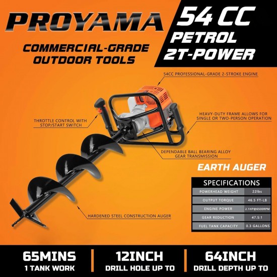54cc Post Hole Digger Gas Powered 2 Cycle Earth Auger, 5-Year Warranty Gear Box, 4 Drill Bits 4 6 8 12 + Extension Rod 12 20