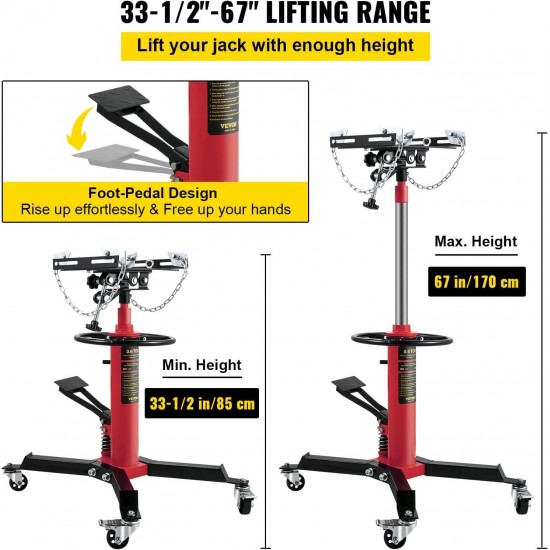 Transmission Jack,3/5 Ton/1322 lbs Capacity Hydraulic Telescopic Transmission Jack, 2-Stage Floor Jack Stand with Foot Pedal, 360° Swivel Wheel, Garage/Shop Lift Hoist, Red
