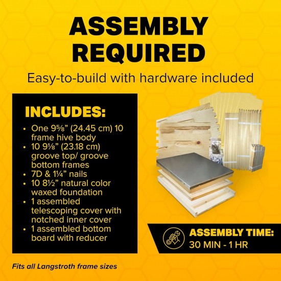 Unassembled Complete Bee Hive Box with Foundation, Langstroth 10 Frame 9 5/8 Hive Body, All Beekeeping Levels, Assembly Required