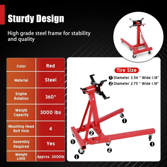 Engine Stand, 3000lbs Capacity Engine Motor Stand with 360 Degree Rotating Head, Heavy-Duty Foldable Engine Lift Stand with 6 Wheels, 4 Adjustable Arms, Red