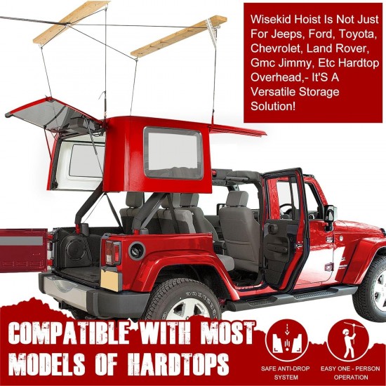 Hard Top Removal Lift for Jeep Wrangler JL JK Models and Ford Hardtop, Garage Storage Hoist, Safety Fall Prevention System, Easily Operated by One Person. Supports 10 Ft Ceiling, Bonus 6 T Knobs.