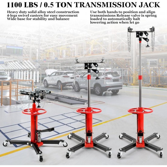 Transmission Jack high Lift 1/2 Ton (1,100 lb) Capacity Garage Shop Telescoping Hydraulic Jack, 2 Stage Adjustable Transmission Floor Jack, 360° Swivel Wheel Lift Hoist for Car Lift